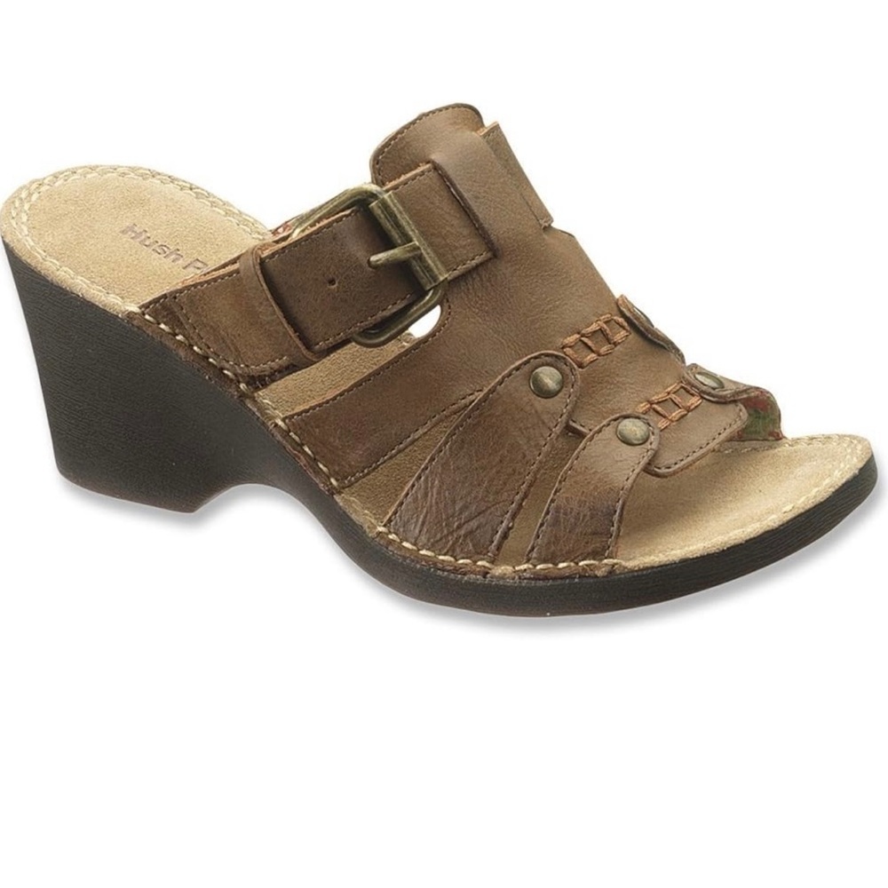 Hush Puppies Brown Leather Wedge Havana Sandals EUC 8